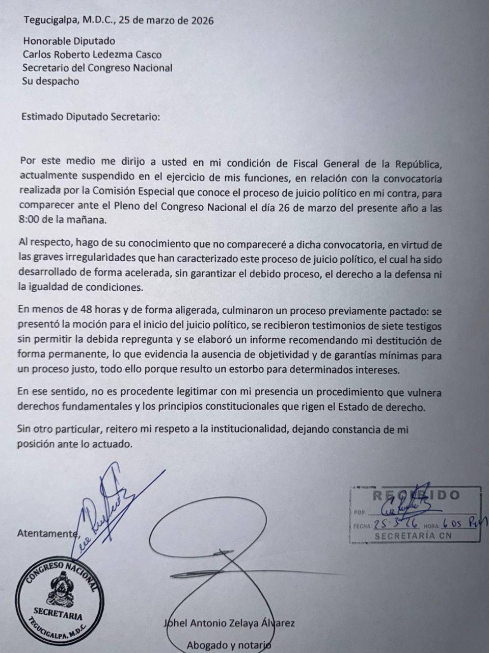 El fiscal suspendido compartió una carta de su incomparecencia ante el pleno del Congreso a través de redes sociales.
