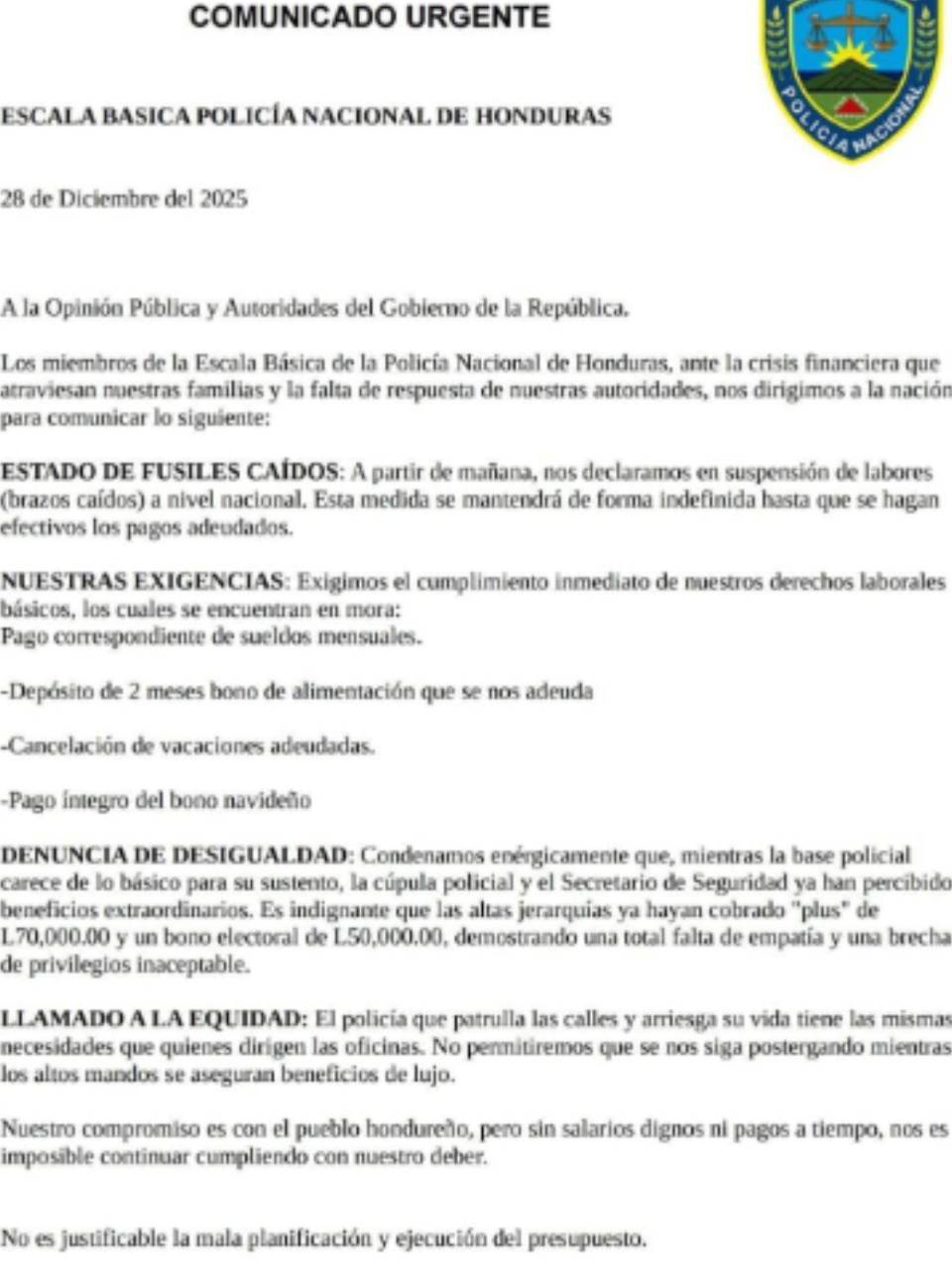 El comunicado de la escala básica de la Policía Nacional informando sobre la huelga de fusiles caídos.