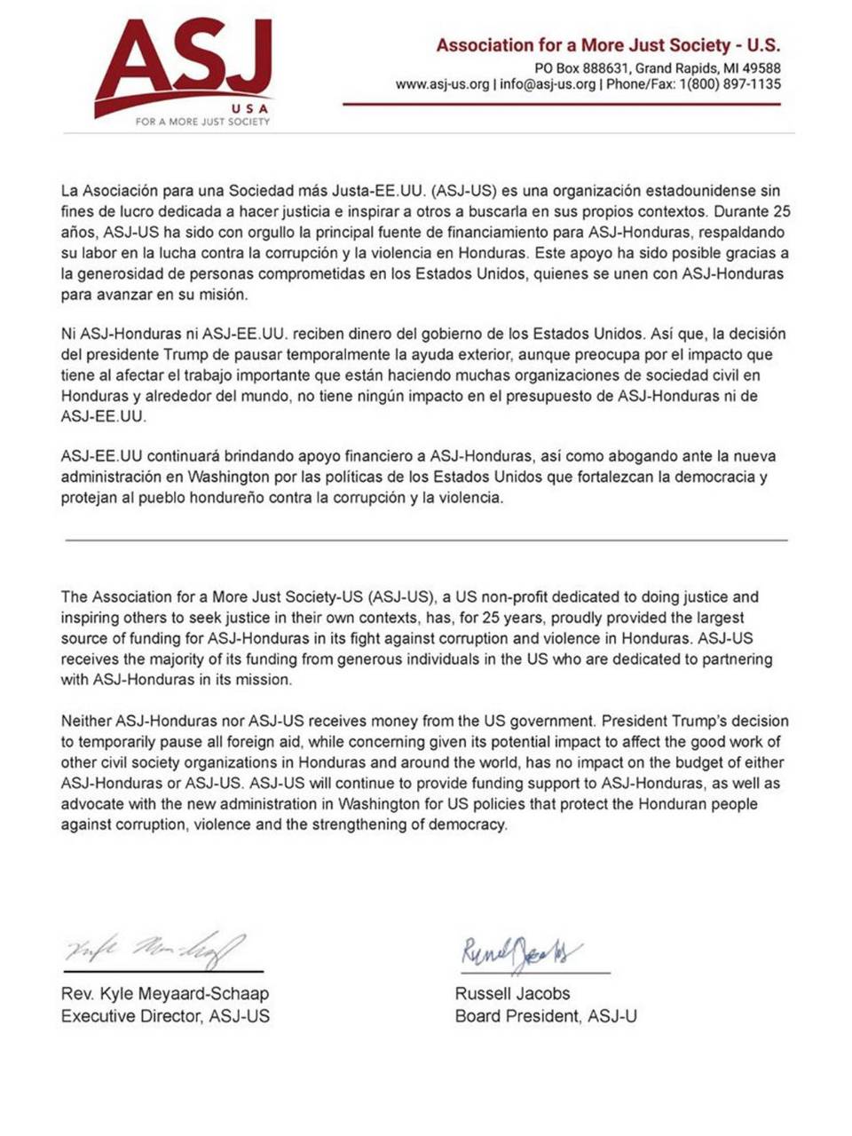 Retiro de ayudas del gobierno de EEUU no afecta labor de ASJ