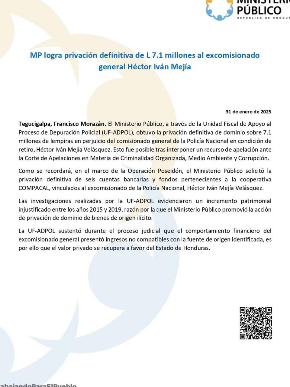 Dictan privación definitiva de L 7.1 millones al excomisionado Héctor Iván Mejía