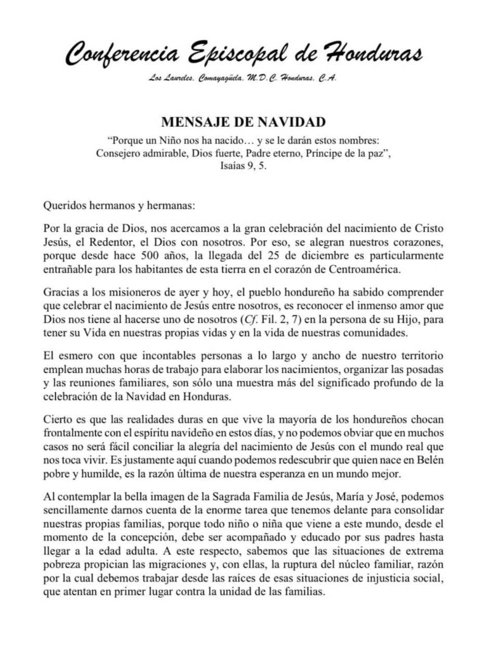 Conferencia Episcopal de Honduras insta a la unidad para las elecciones de 2025