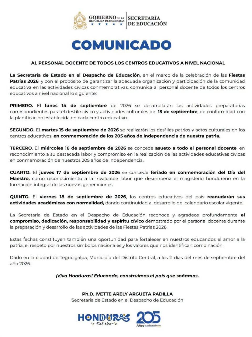 El personal docente y la comunidad estudiantil gozarán de cuatro días de asueto, correspondientes al Día de la Independencia y al Día del Maestro.