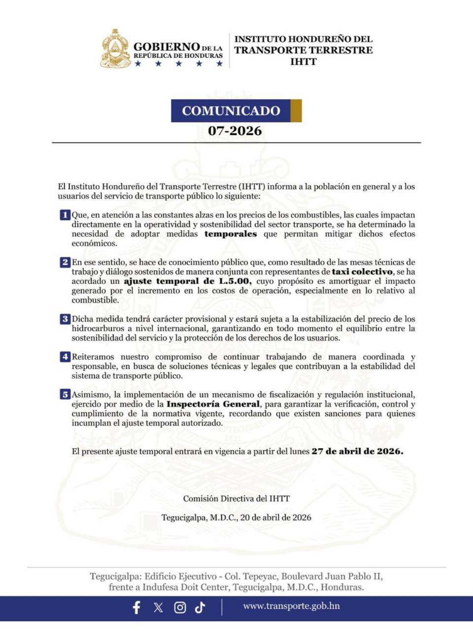 Comunicado oficial del IHTT sobre el aumento al taxi colectivo.