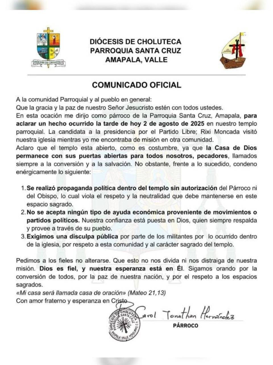 Comunicado firmado por el párroco de la parroquia Santa Cruz en Amapala.