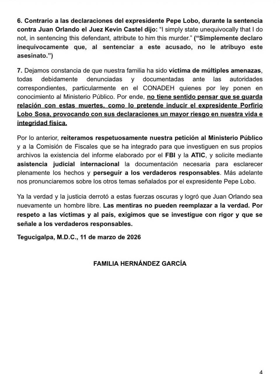 Juan Orlando Hernández niega vínculo con muerte de Said Lobo y pide al MP investigar informe del FBI