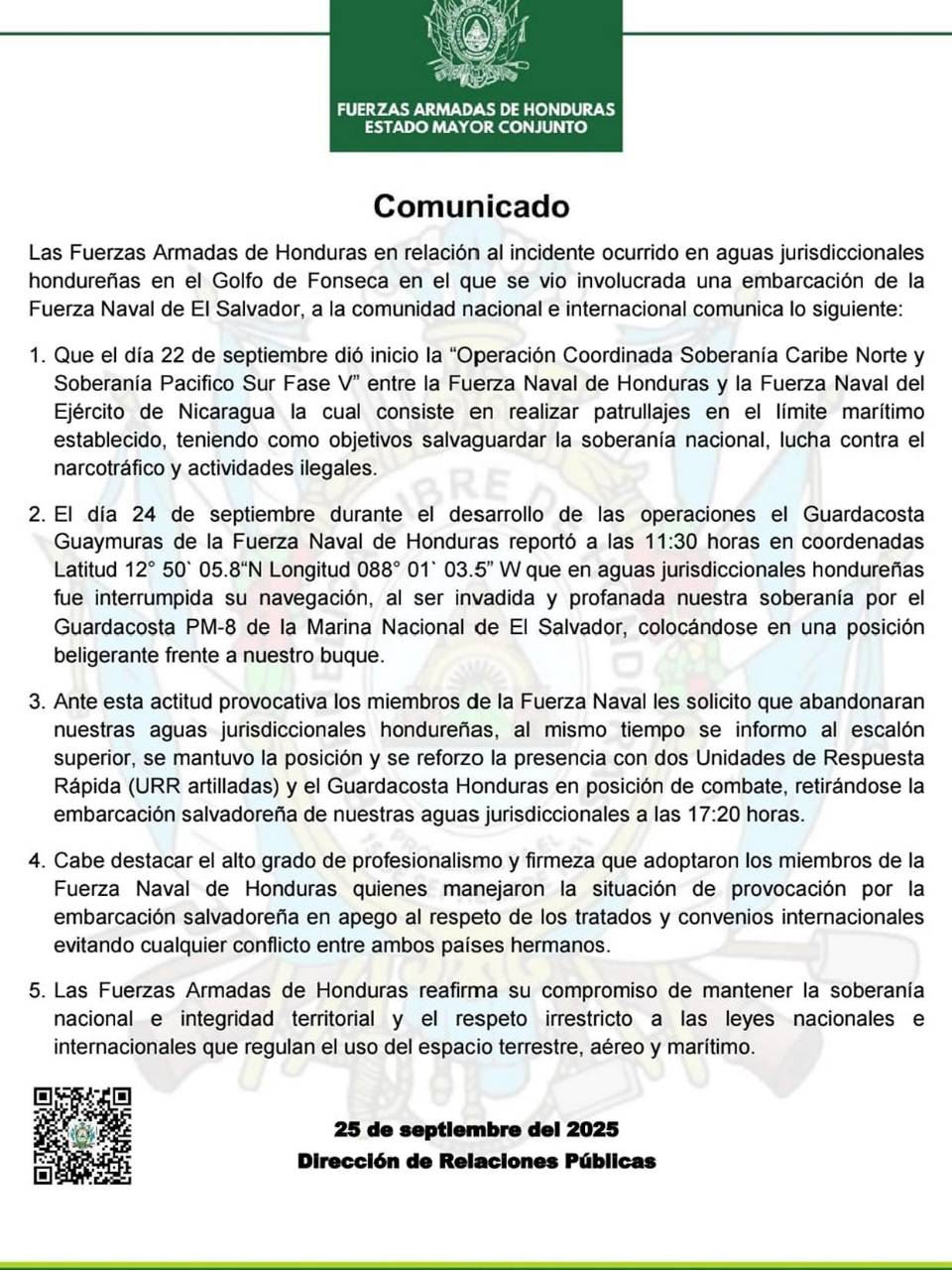 FF AA explica cómo ocurrió incursión de guardacosta salvadoreño en aguas hondureñas