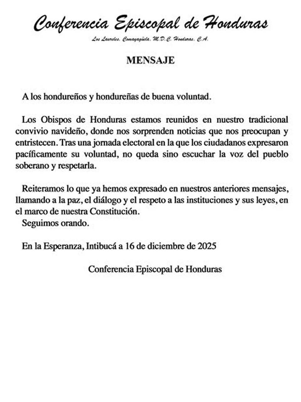 Conferencia episcopal llama a respetar la voluntad del pueblo que votó