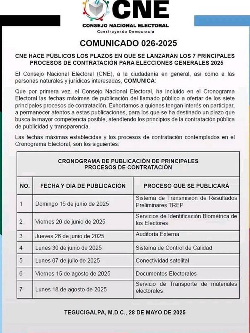 CNE revela cronograma de licitaciones para elecciones generales