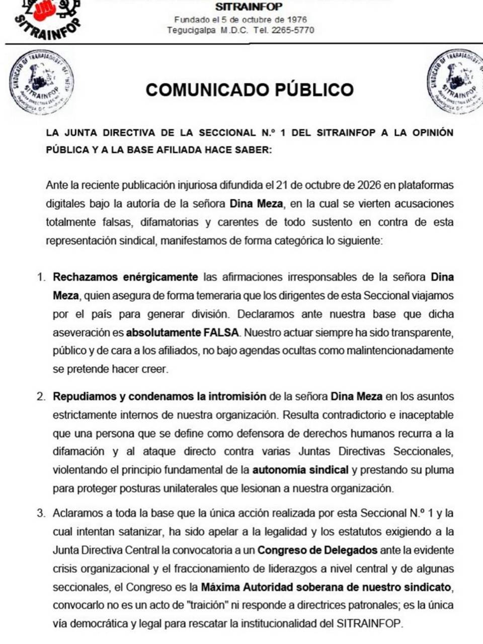 Joprodeh condena ataques contra Dina Meza y exige respetar voluntad del Sitrainfop