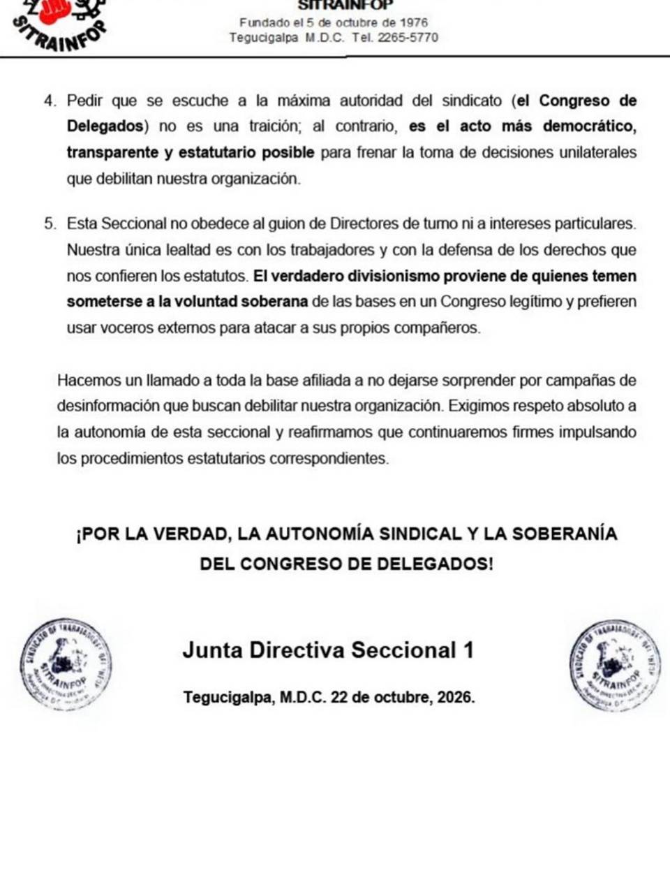Joprodeh condena ataques contra Dina Meza y exige respetar voluntad del Sitrainfop