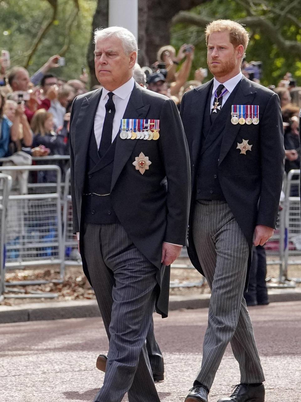 Los príncipes Andrés y Harry fueron los únicos que no caminaron vestidos de militar tras el féretro de la reina Isabel II en Londres.