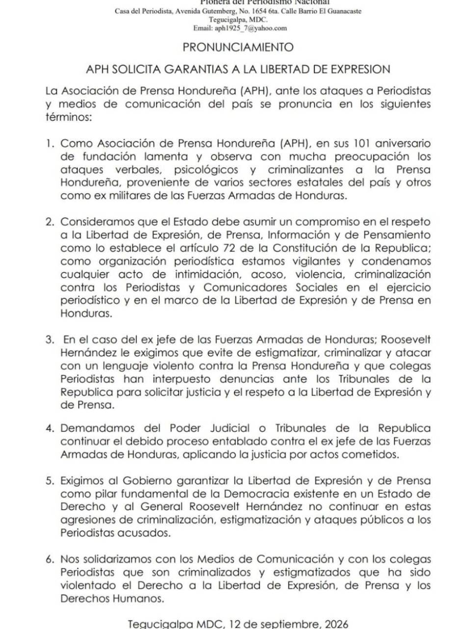 APH exige garantías para la libertad de expresión y condena ataques contra periodistas