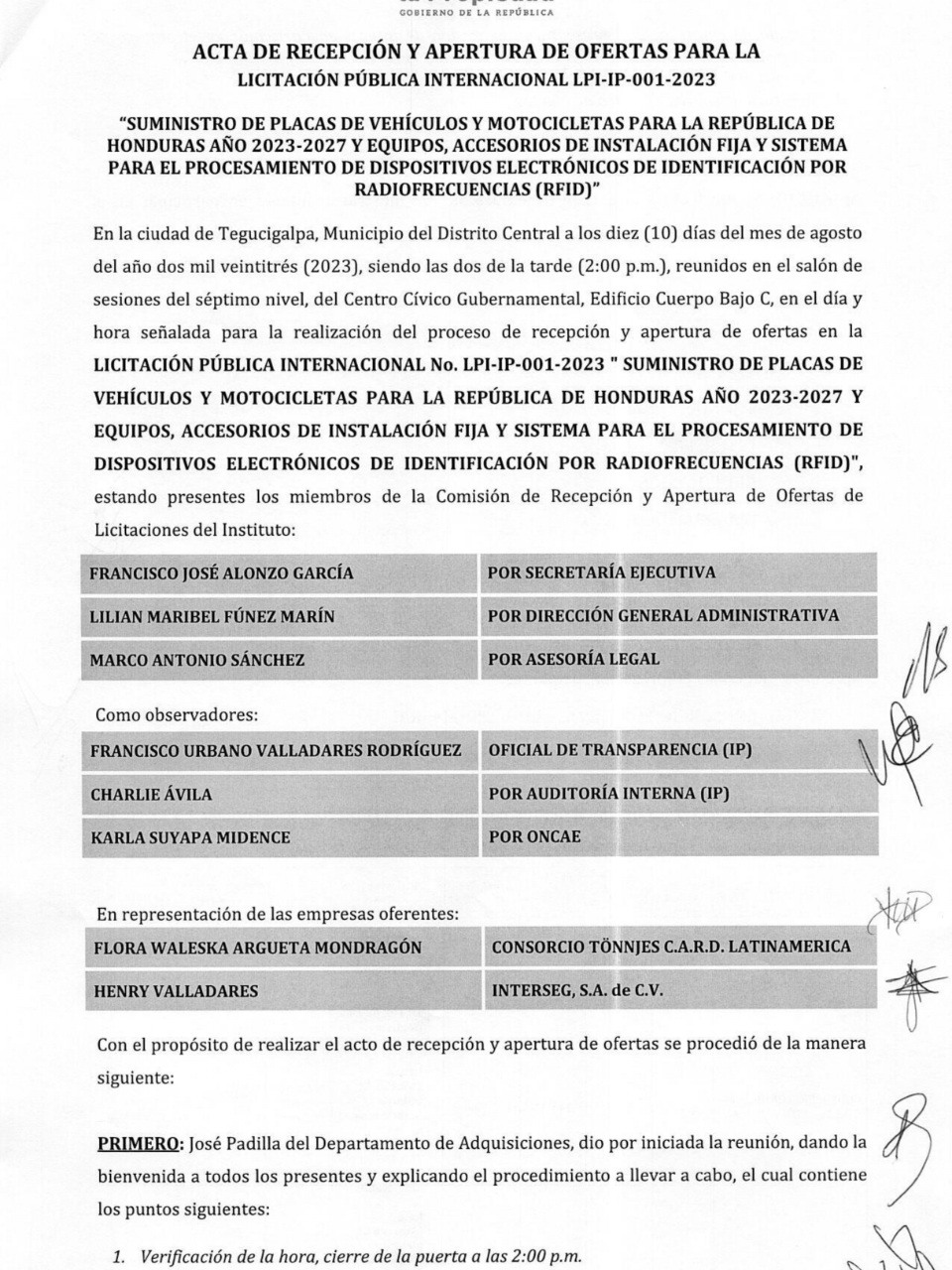 $!Esta es el acta de apertura de ofertas para la compra de 1.6 millones de placas.