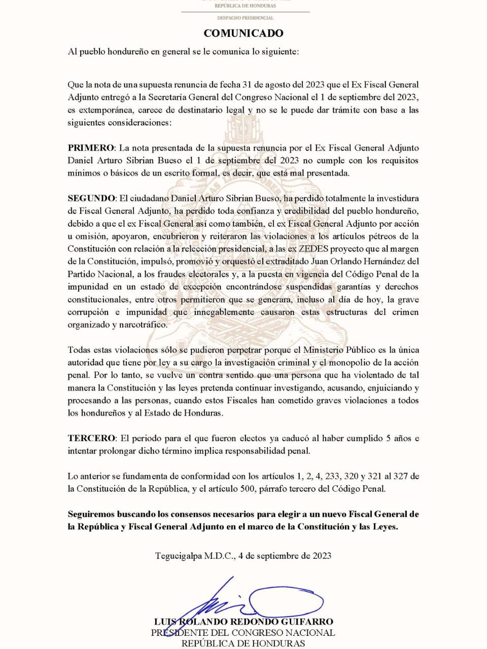 Congreso Nacional no dará trámite a carta de renuncia presentada por Daniel Sibrián