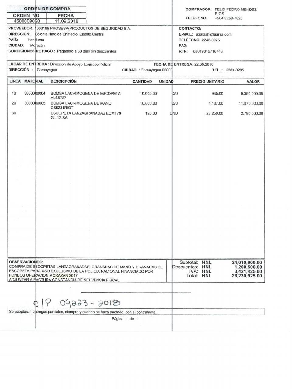 $!Esta es la orden de compra 4500009020 a la empresa Productos de Seguridad S.A. (Prosesa) para la adquisión de bombas lacrimógenas.