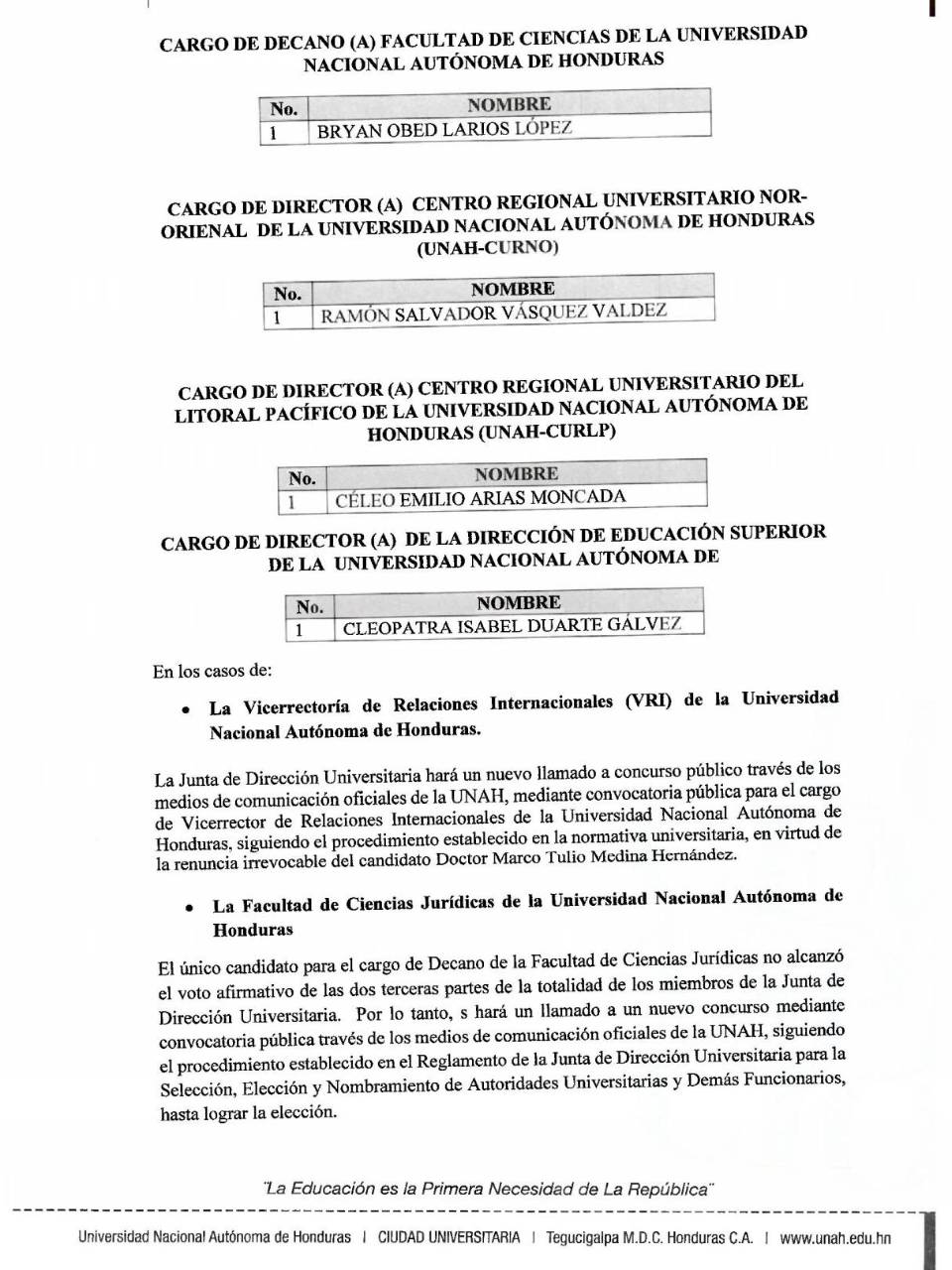 Junta universitaria de la UNAH nombra a decanos y directores de centros regionales