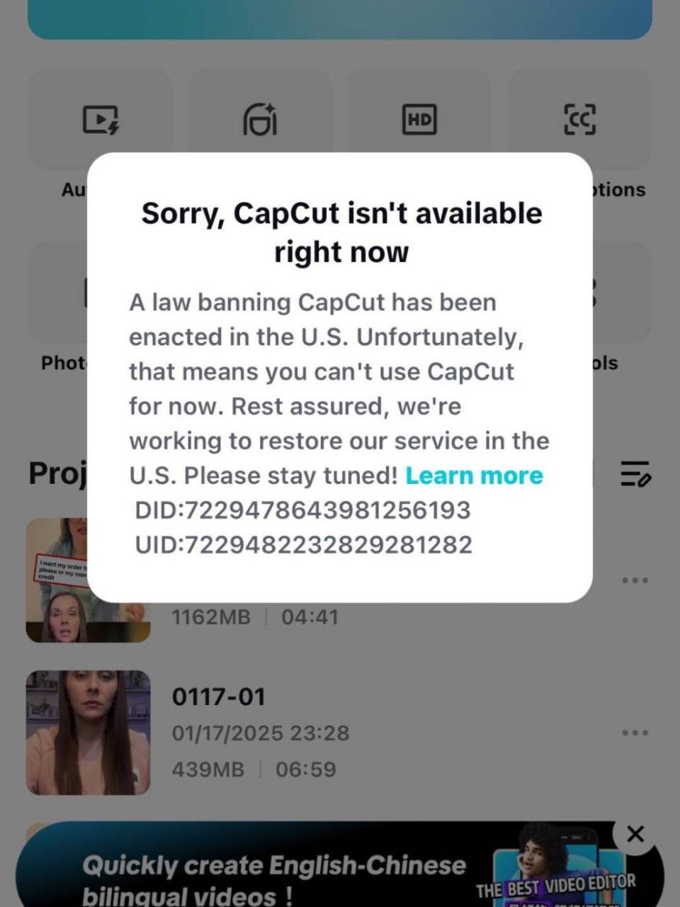 Este es el mensaje que aparece al tratar de ingresar a la plataforma.