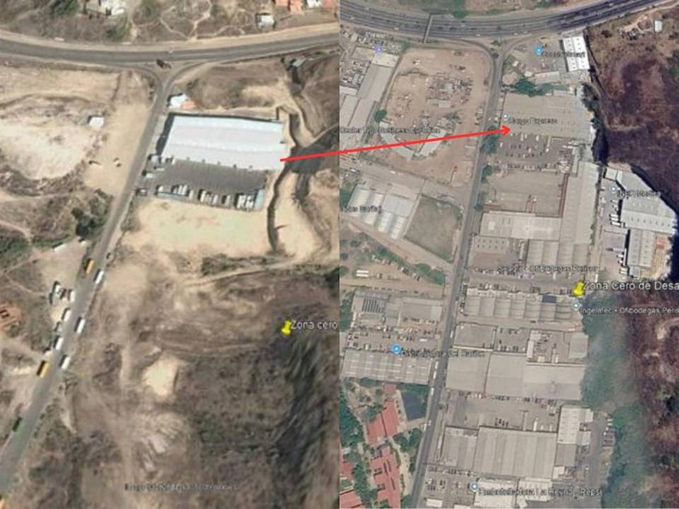 De una única bodega en 2002 a lo que vemos en la actualidad (2026), esta imagen satelital muestra cómo se inició la modificación del suelo en la zona utilizada como banco de préstamo de material para rellenar sectores del anillo periférico, dejando como resultado los primeros cortes del cerro. Pero esto no pasó de un día para otro.
