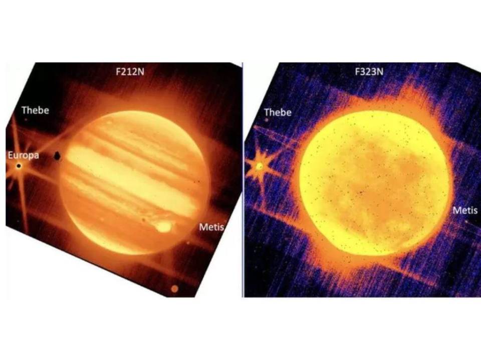 Las fotos que tomó James Webb de Júpiter y sus tres lunas: Metis, Europa y Thebe.