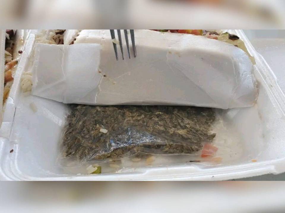 Esta imagen muestra la bolsa en la que se colocó la droga debajo de una capa sobrepuesta de plástico, del mismo material de la bandeja.