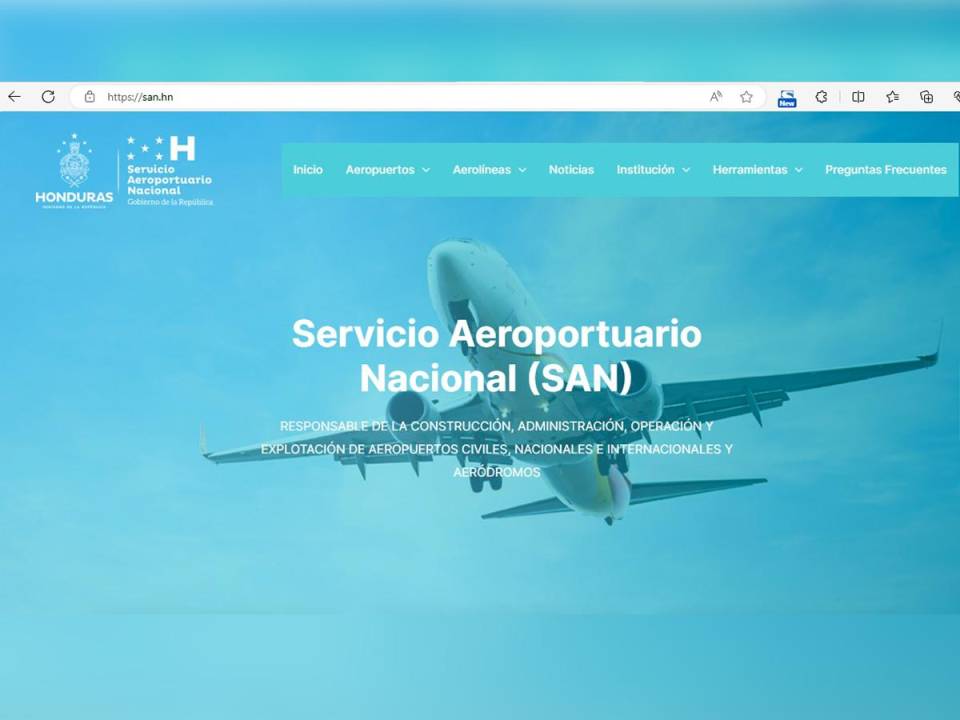 La página oficial www.san.hn está estructurada en diferentes pestañas conteniendo desde noticias hasta un tracker de vuelos.