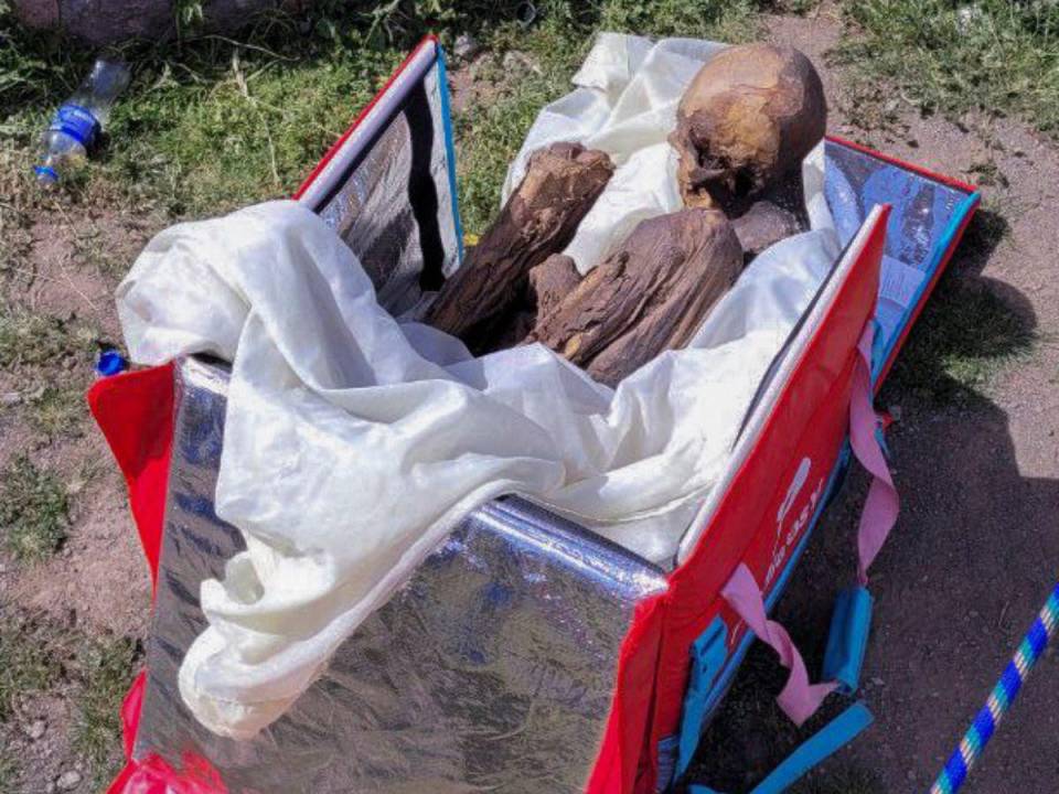 Así encontró la Policía los restos de la momia, dentro de la mochila de una famosa empresa de “delivery”.