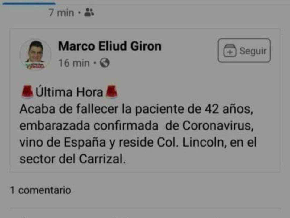 El encargado del centro de salud de El Carrizal, Marco Eliud Girón, informó en sus redes sociales que la primera paciente de covid-19 habia fallecido.