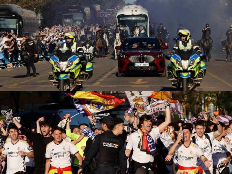 Espectacular recibimiento de la afición del Real Madrid a su equipo en los aledaños del Bernabéu previo al duelo ante el Manchester City