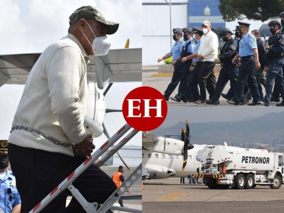 Esposado de pies y manos y rodeado de autoridades hondureñas, el exjerarca policial “El Tigre” Bonilla fue entregado a los agentes de la DEA para hacerlo abordar la aeronave que lo trasladó a Nueva York, Estados Unidos.