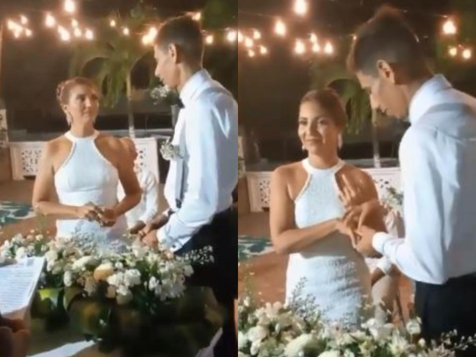 El video muestra el momento cuando la novia le dice que “no” en el altar a su novio y este le quita el anillo.