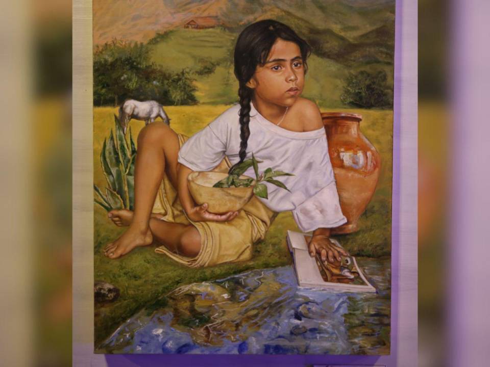 Kriss Sagastume, “La niña con el guacal”. Este joven artista expresa ciertas virtudes técnicas que puede mejorar, pero su gusto por el realismo académico lo aleja de los postulados del maestro Pablo Zelaya Sierra.