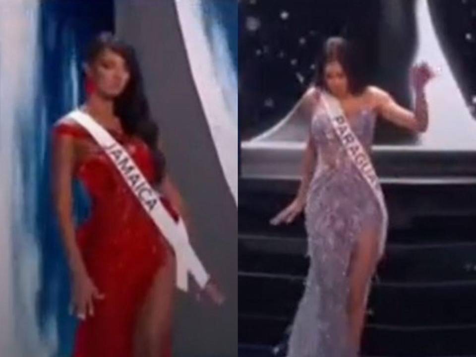 Miss Jamaica y Miss Paraguay casi caen durante su pasarela.