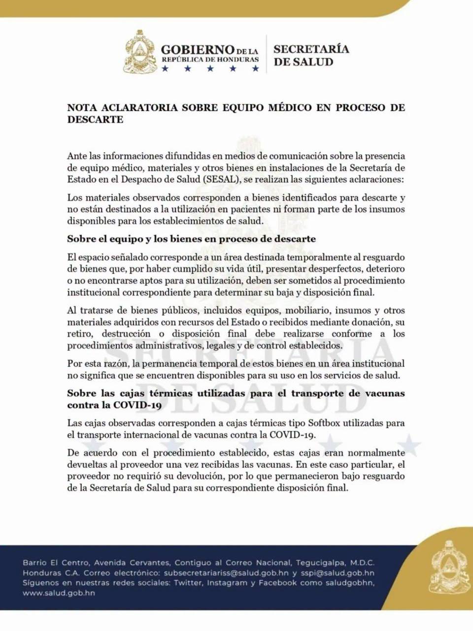 La Secretaría de Salud emitió un comunicado en el que aclara sobre el equipo y medicamento encontrado en una bodega.