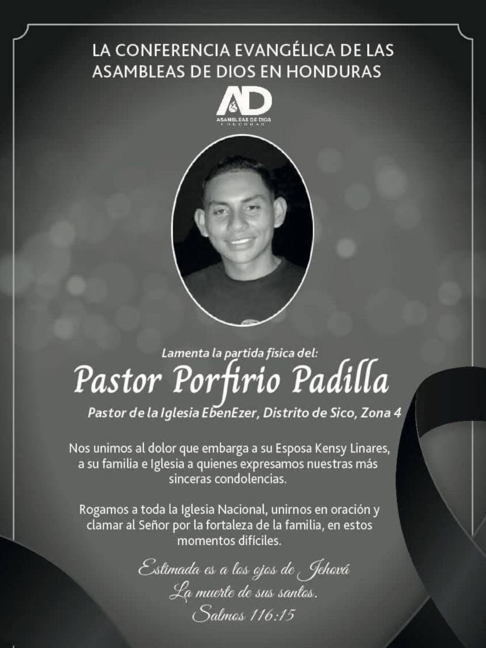 Nota de duelo compartida por la Conferencia Evangélica de las Asambleas de Dios en Honduras.