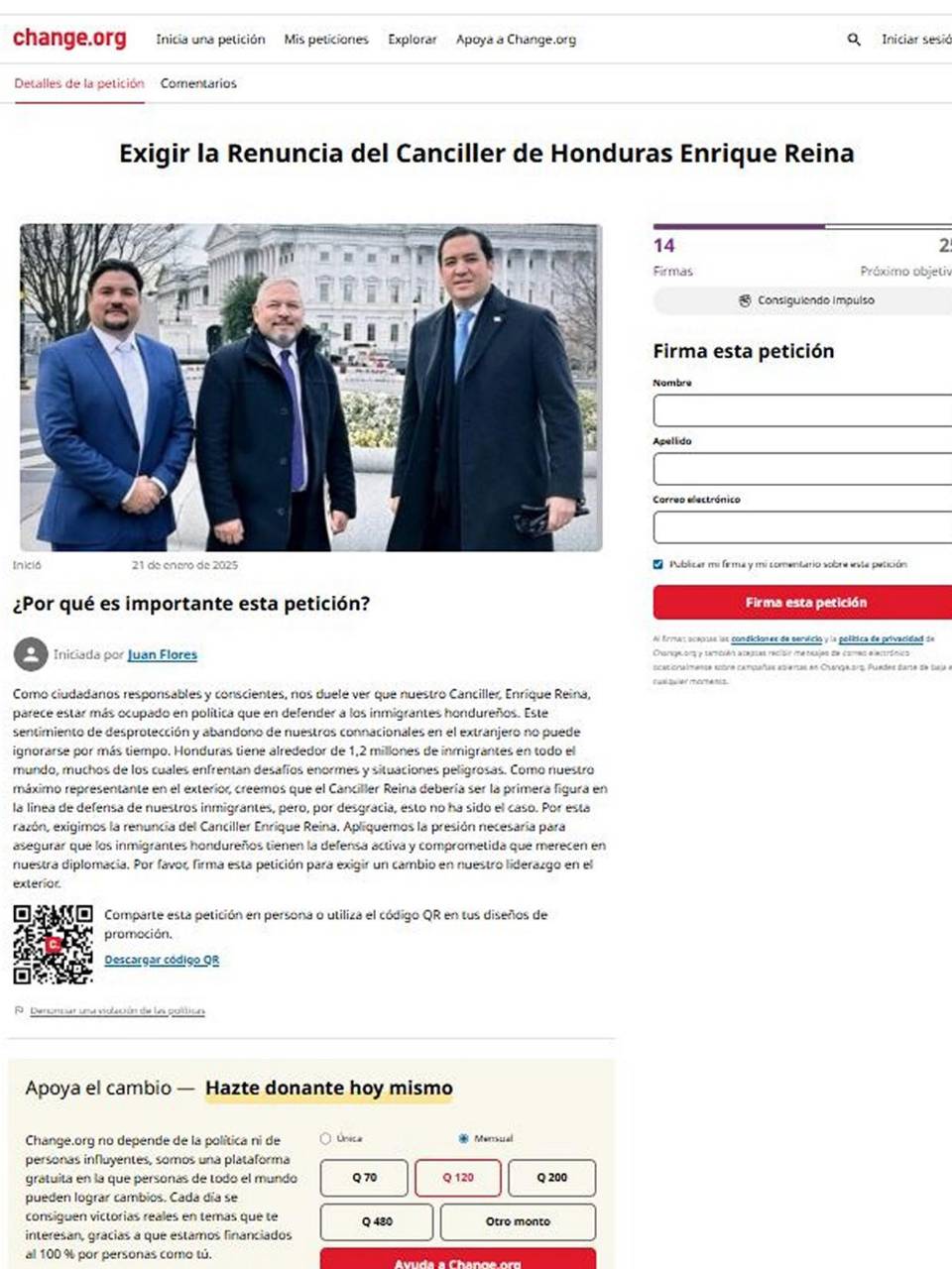 Fundación 15 de Septiembre recolecta firmas para exigir renuncia del Canciller Reina