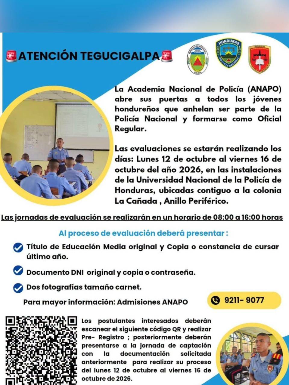 Requisitos en el proceso de admisión que se realizará en Tegucigalpa para los aspirantes a oficial regular de Policía.