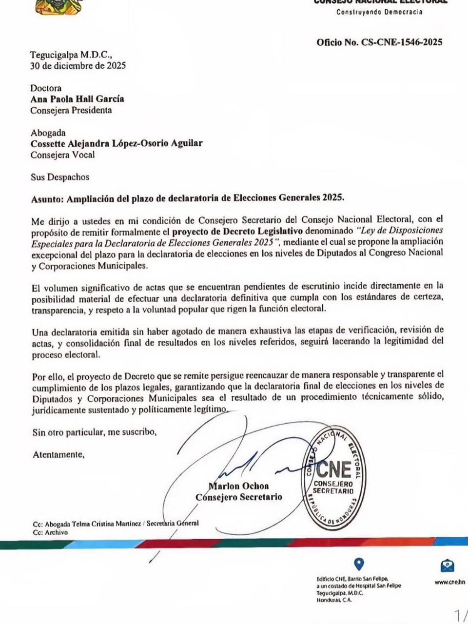 Marlon Ochoa impulsa prórroga luego de haber paralizado el CNE meses atrás