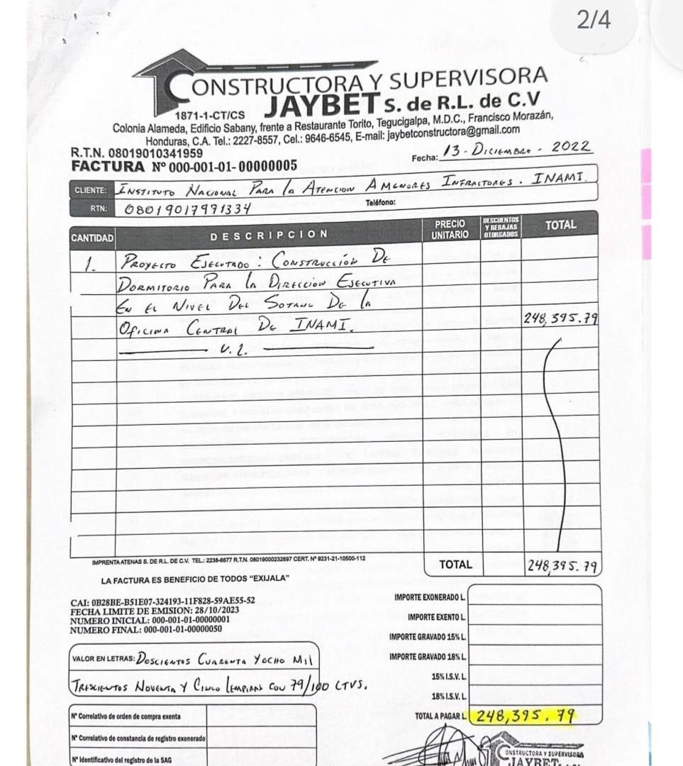 $!La Unidad Investigativa de EL HERALDO Plus accedió a la factura que emitió la empresa constructora de la habitación ejecutiva.