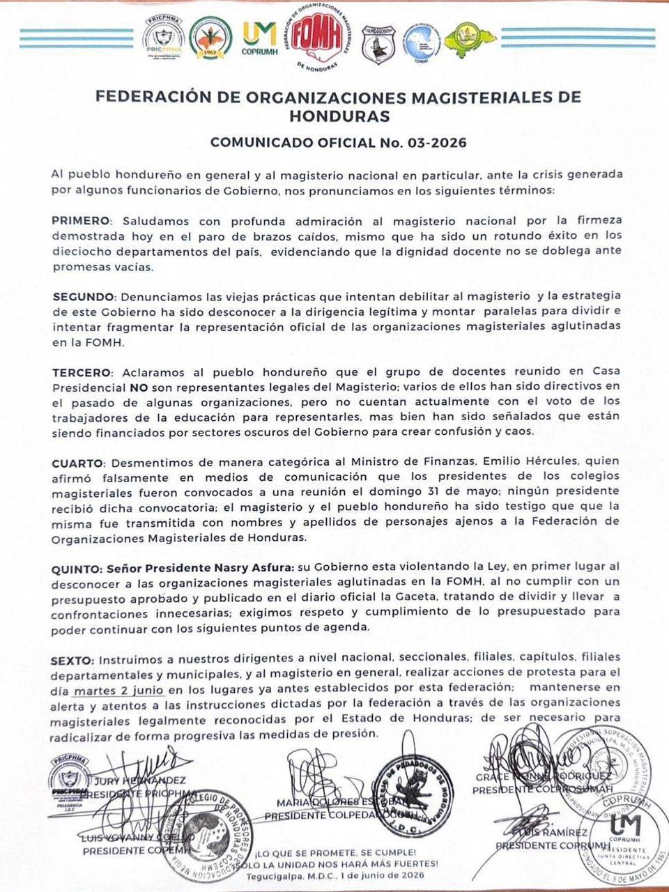 La Federación de Organizaciones Magisteriales de Honduras (FOMH) no reconocen a los maestros que se reunieron con las autoridades el pasado fin de semana.