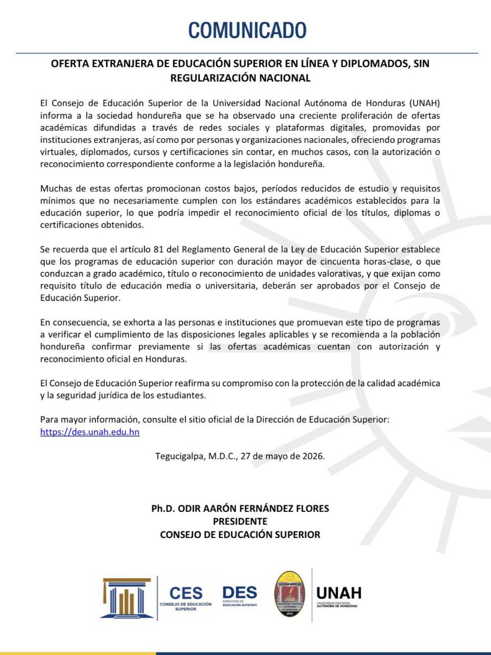 El Consejo emitió un comunicado en el que alerta a la población sobre las ofertas académicas en línea.