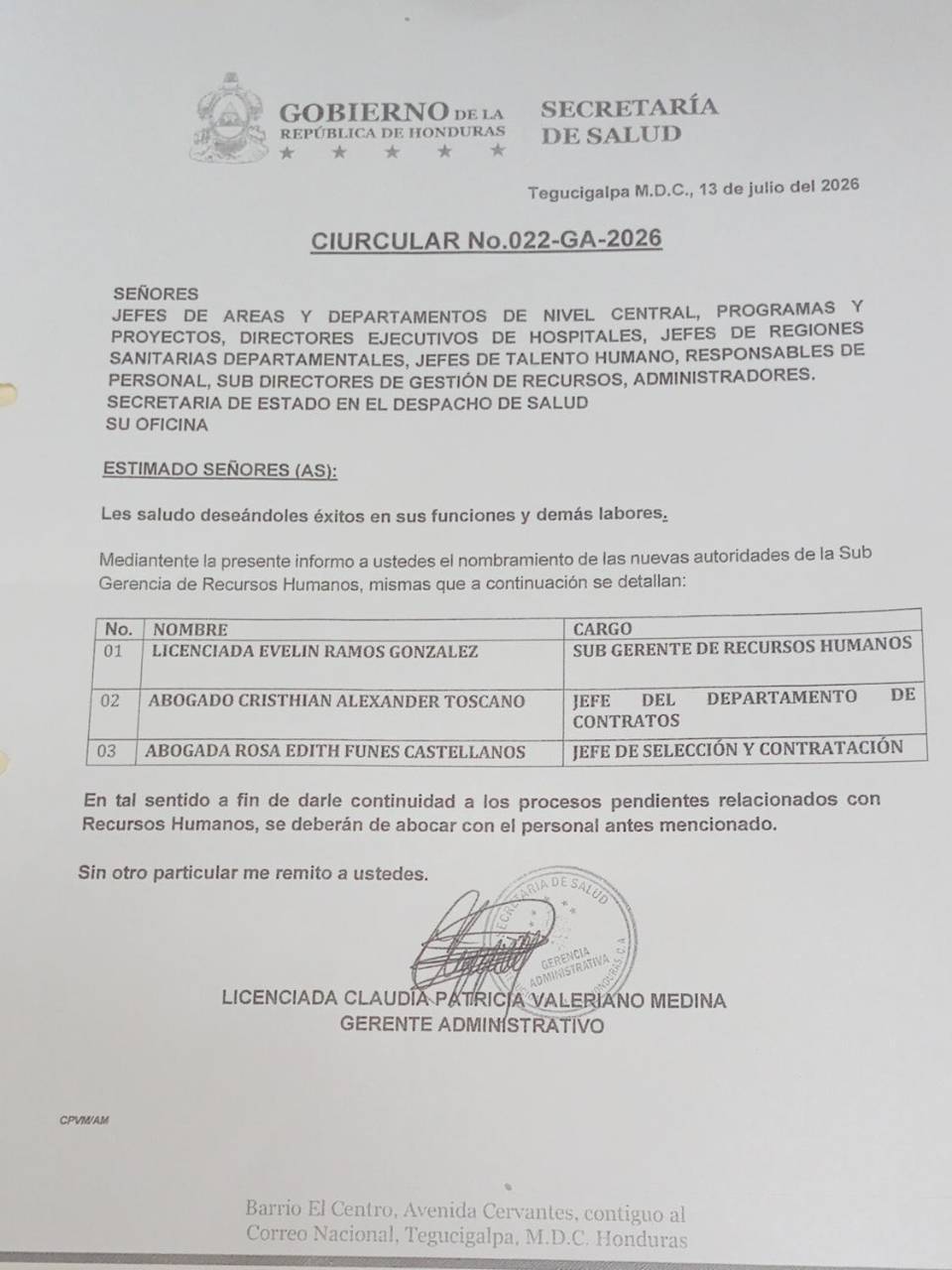 La circular 002-GA-2026 emitida el 13 de julio oficializa el nombramiento de las nuevas autoridades de Recursos Humanos.