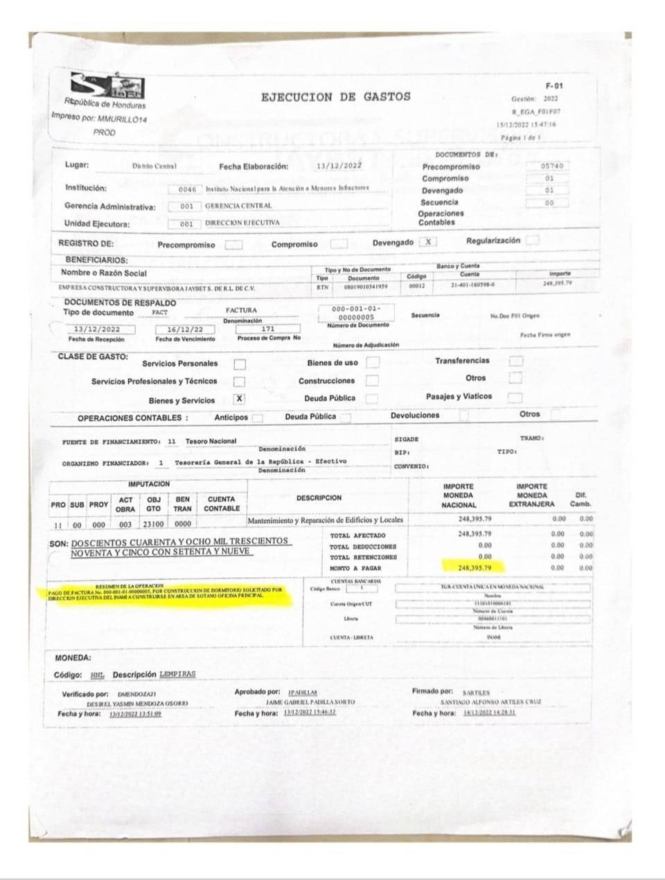 $!La Unidad Investigativa de EL HERALDO Plus accedió al recibo de SIAFI donde se comprueba que la lujosa habitación se pagó con fondos del tesoro nacional.