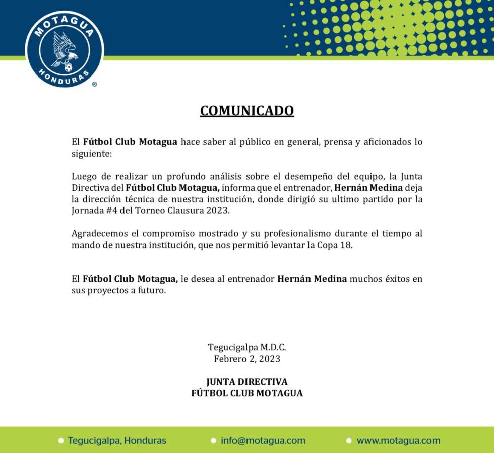 Las redes oficiales de Motagua publicaron un comunicado anunciando la separación de Hernán Medina.