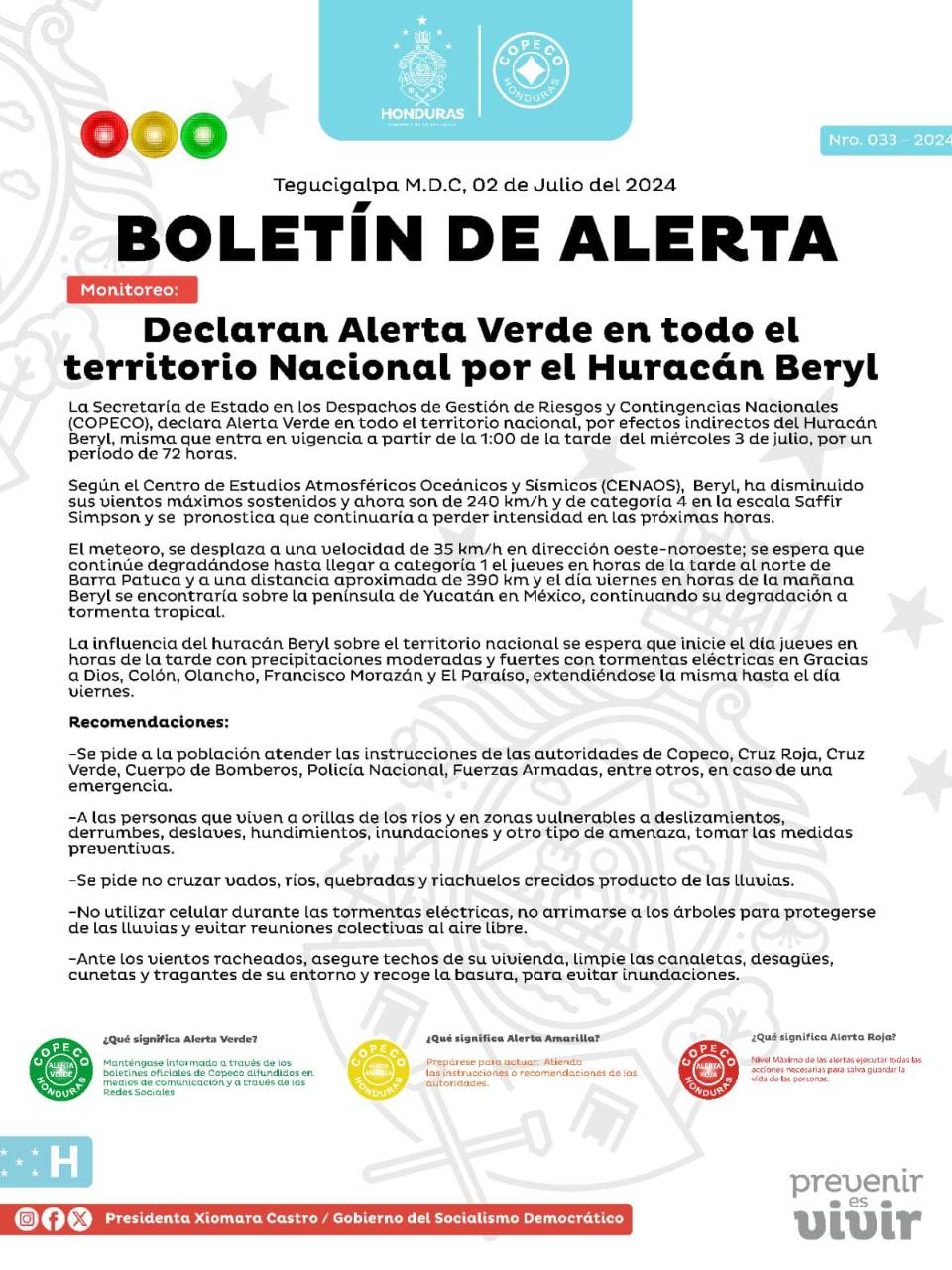 Declaran alerta verde en todo Honduras por paso de huracán Beryl