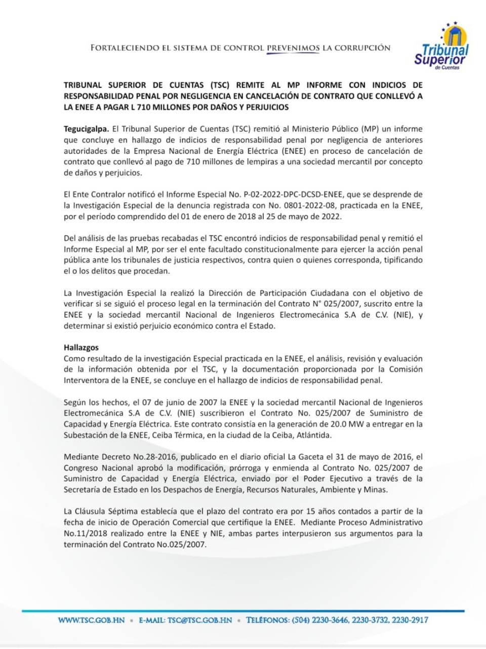 TSC halla responsabilidad penal de ex autoridades de ENEE por pérdidas de L 710 millones