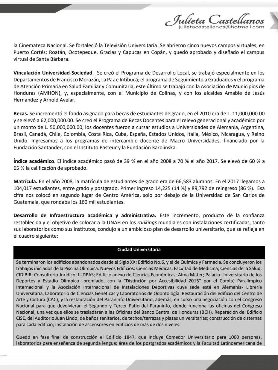 Julieta Castellanos expone sus logros en la UNAH: “Cuando los números hablan, las palabras sobran”