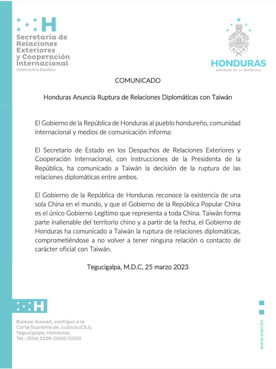 Honduras rompe oficialmente relaciones con Taiwán
