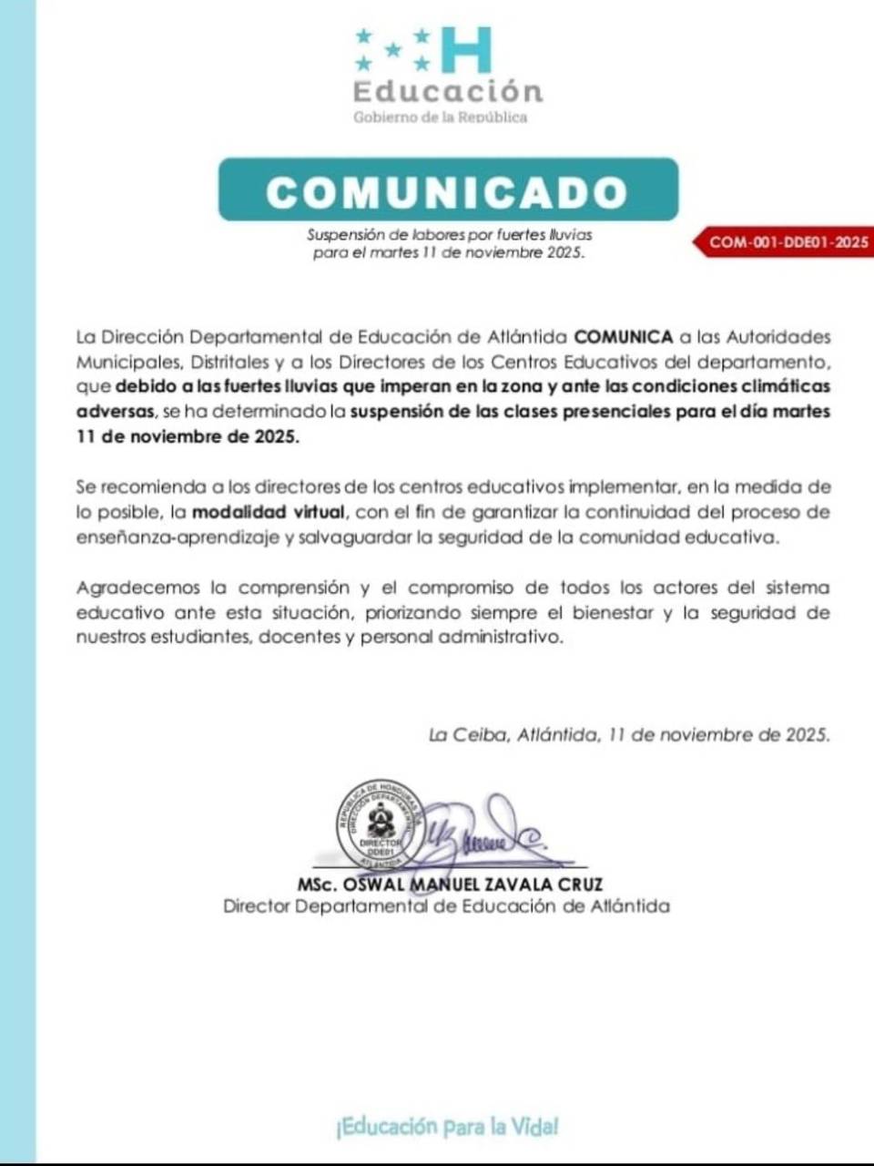 Suspenden clases presenciales en Atlántida por fuertes lluvias y calles inundadas