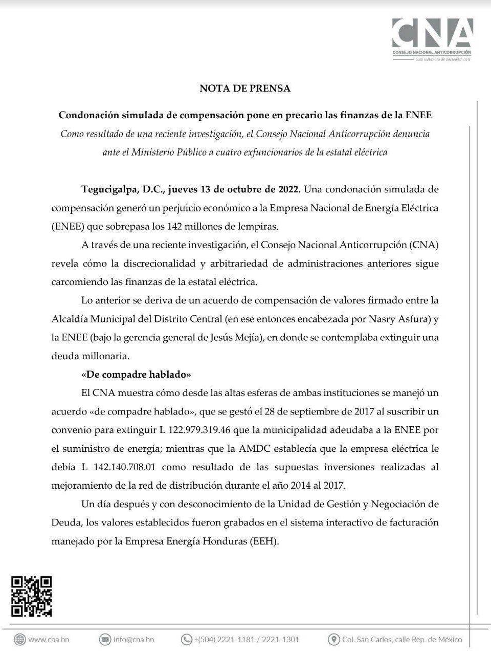 CNA interpone denuncia contra Jesús Mejía y exdirectivos de ENEE por millonario daño económico