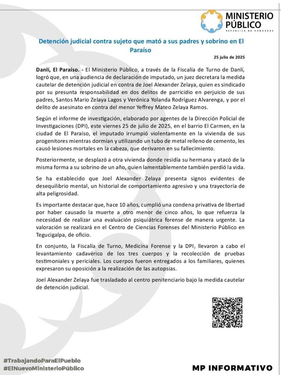 A prisión envían a Joel Zelaya, hombre que mató a sus padres y un sobrino en El Paraíso